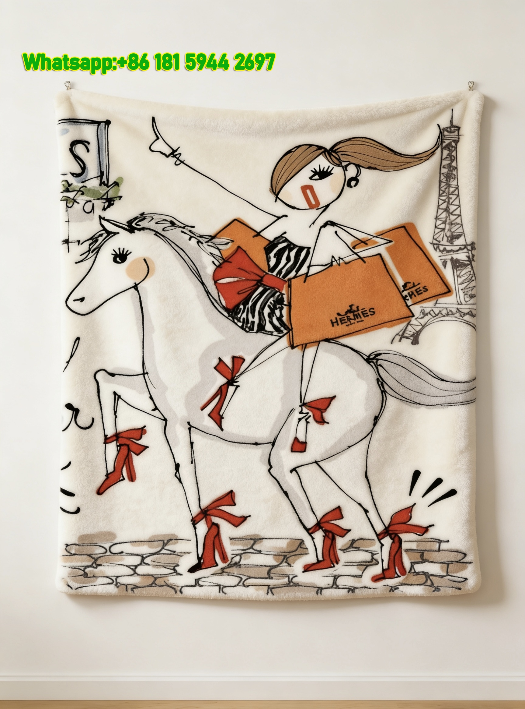 Hermes Parisian Horse Girl with Orange Shopping Bags Flannel Throw Blanket for Wall Decor & Sofa IMG_5432